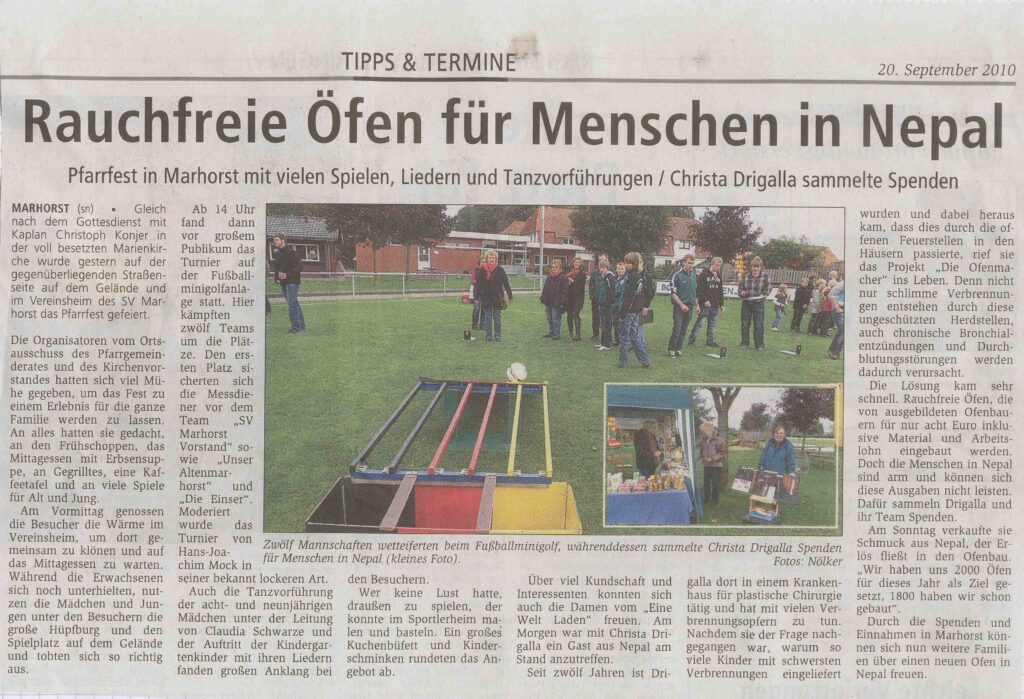 Presseartikel 20.09.2010 Kreiszeitung Syke zum Pfarrfest Marhorst, wo Christa Drigalla Spenden gesammelt hat.