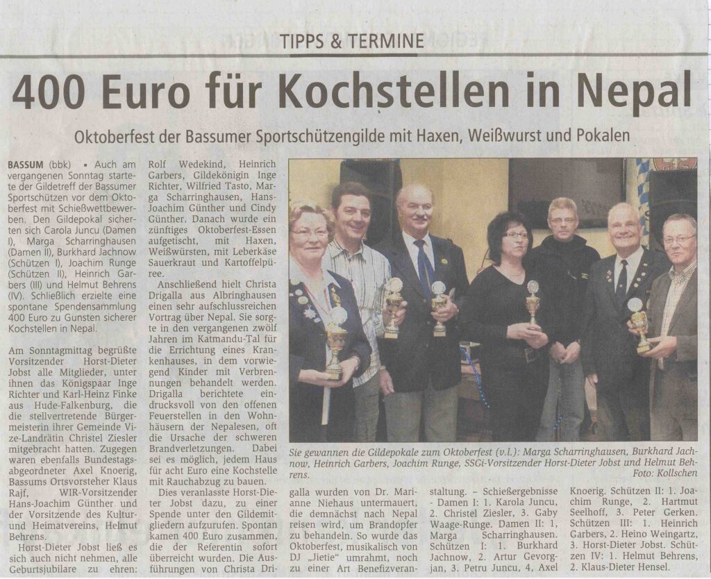 Presseartikel 27.10.2010 Kreiszeitung Syke, die Bassumer Sportschützengilde sammelt Spendengelder für die Ofenmacher