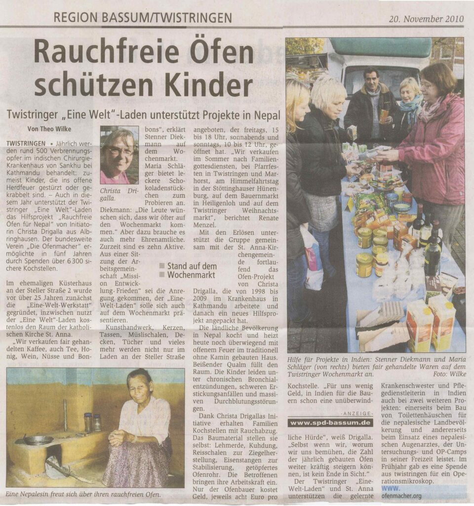 Presseartikel 20.11.2010 Kreiszeitung Bassum, Eine-Welt-Laden unterstützt die Ofenmacher mit ihrem Stand auf dem Twistringer Wochenmarkt