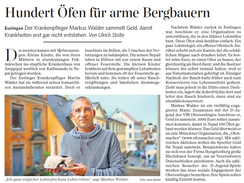 Presseartikel 19.08.2014 Stuttgarter Zeitung, Krankenpfleger Markus Waldner aus Esslingen sammelt Spendengelder für die Ofenmacher