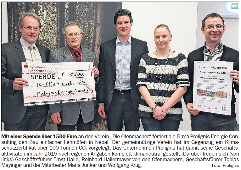 Presseartikel 10.03.2016, Donaukurier, Spende der Firma Prolignis