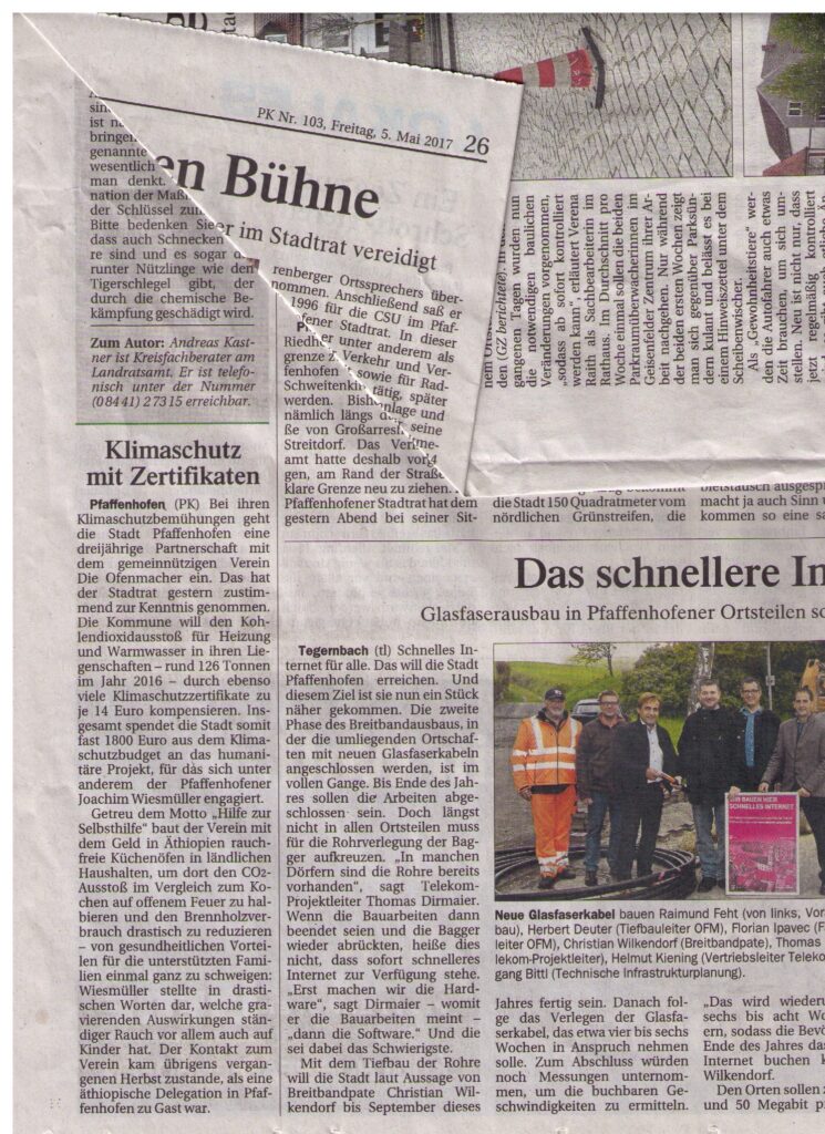 Presseartikel 05.05.2017 Pfaffenhofener Kurier, die Stadt Pfaffenhofen kompensiert ihre CO2-Emissionen über die Ofenmacher