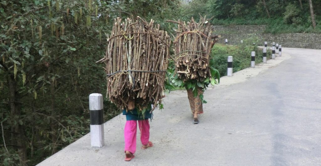 Zwei Menschen gehen auf einer Landstraße mit großen Holz-Bündeln auf dem Rücken.