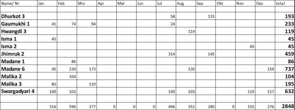 Tabelle mit Wartungsleistungen im Distrikt Gulmi im Jahr 2020